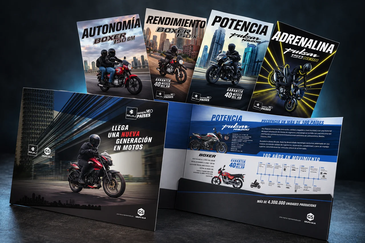 Carpeta comercial y flyers para Bajaj