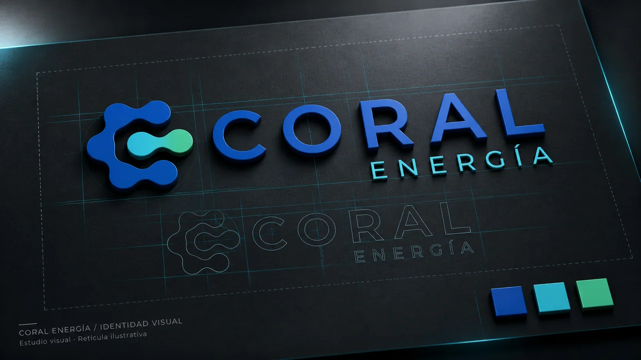 Identidad de Coral Energía en perspectiva con retícula ilustrativa