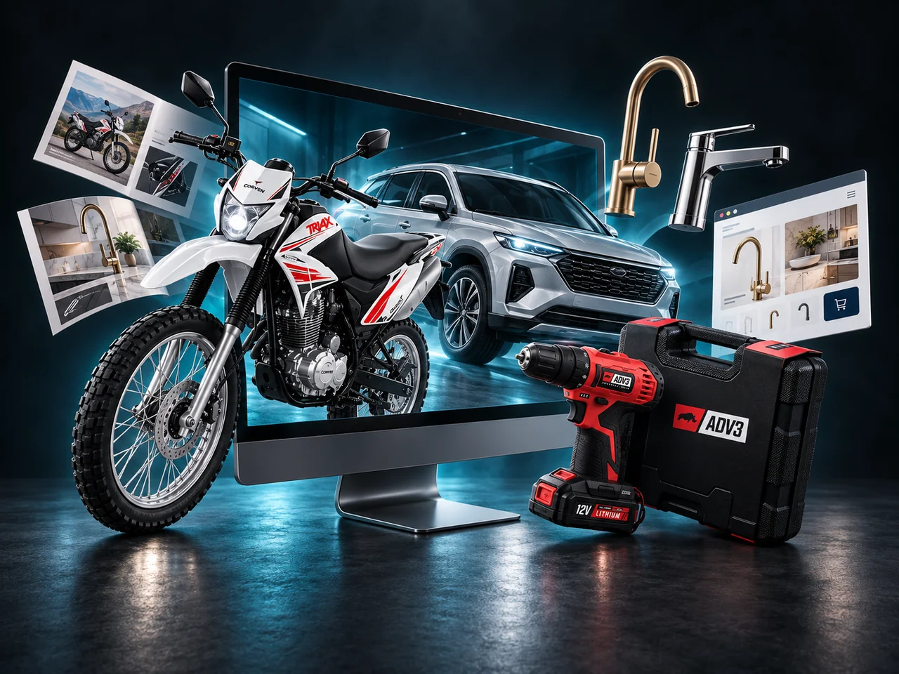 Universo creativo de TheBranders: motos, autos, herramientas, griferías y diseño editorial emergiendo de una computadora